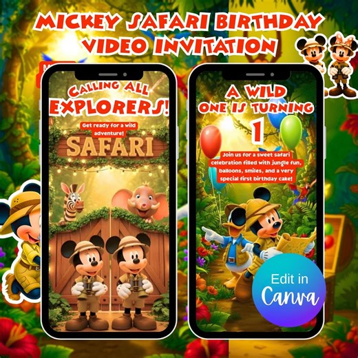 Mickey Mouse Safari Birthday Video Invitation | Jungle Theme (canva Template) - Etsy