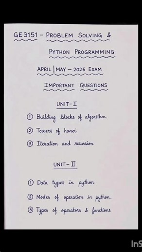 GE3151 - PROBLEM SOLVING AND PYTHON PROGRAMMING / APRIL _ MAY - 2026 EXAM / IMPORTANT QUESTIONS