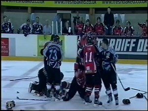 Later the same night In Cardiff its Brawl time, Voth and Knight fight behind the benches off the ice - Cardiff Devils vs Hull Stingrays EIHL Brawl 13-9-09 | Hockey Fights UK