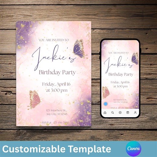 Butterfly Birthday Invitation Template, Pink and Purple, Customizable in Canva, Printable, Digital - Etsy