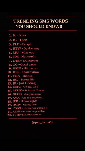 Most people use these daily… but do you know what they REALLY mean? 🤔📱 Texting feels like a secret language sometimes. From IDK to HMU, these trending SMS words are everywhere — but knowing them makes you sound instantly smarter online 😉 How many of these do you already use #PsychologyFacts #TextingLanguage #DidYouKnow #SocialSkills #Communication GenZ TrendingWords MindFacts DigitalLife OnlineTalk LearnSomethingNew ViralFacts InterestingFacts DailyFacts psy_facts01 | Vindo Likhala