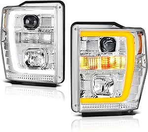 VIPMOTOZ [Switchback LED] Chrome Bezel OLED Neon Tube Projector Headlight Headlamp Assembly Replacement Pair For 2008-2010 Ford F250 F350 F450 F550 Super Duty Driver & Passenger Side Set