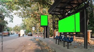 Time lapse Bus stop Billboard stand with chroma key green screen.