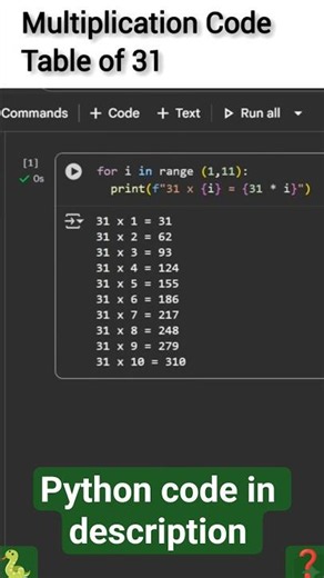 Python For Loop Tutorial: How to Create (Table of 31) #technology #python