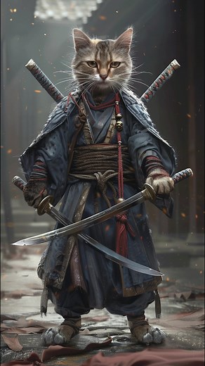 Samurai Cat with Two Swords | Cute Katana-Wielding Feline Adventures