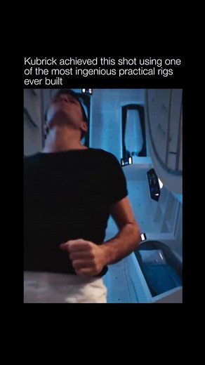 Explaining a Movie on Instagram: "For 2001: A Space Odyssey, Stanley Kubrick and production designer Harry Lange built a 30-ton, 38-foot rotating drum, essentially a giant hamster wheel the actors could run inside. The spaceship’s interior was mounted on a wheel that spun 360 degrees, and the camera was bolted directly to the structure. As the set rotated, the camera rotated with it, keeping the frame perfectly stable. To create the “running in a loop” effect, Keir Dullea jogged in place while t