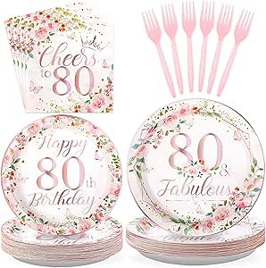 Grencian 96Pcs 80th Birthday Rose Gold Party Decoration, Serve 24