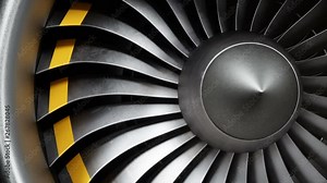 Animation jet engine, close-up view jet engine blades. Front view of a jet engine and blades. Animation of rotating blades of the turbojet. Part of the airplane. Loop able, seamless 4k animation