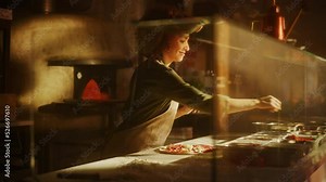 In Restaurant Professional Female Chef Preparing Pizza, Adding Ingredients, Special Sauce, Cheese, Traditional Family Recipe. Authentic Italian Pizzeria, Cooking Organic Food. Slow Motion