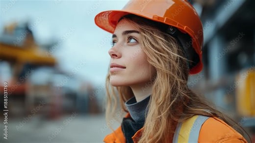 Woman Construction worker's Focus: A determined woman, clad in a safety helmet and vest, gazes with unwavering resolve towards the sky, embodying dedication and strength in her role.