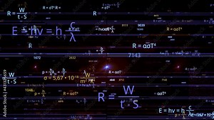 Flying through different mathematical formulas, concept of science and knowledge. Animation. Colorful scientific background showing formulas and symbols, seamless loop.
