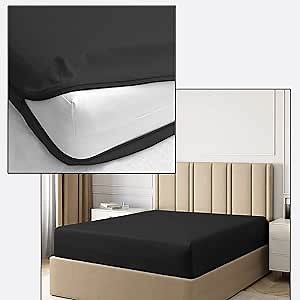 Pure Eco Fitted Sheet Zipper Queen Size 60" X 80" Inches Fit 12" Deep Pocket Black, 600 TC 100% Egyptian Cotton Sateen Weave Fitted Sheet Zipper Queen SizeBed Fitted Sheet Zipper