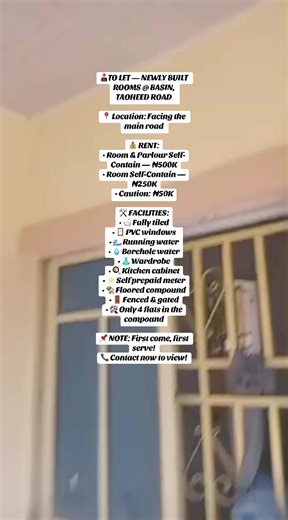 🕹️TO LET — NEWLY BUILT ROOMS @ BASIN, TAOHEED ROAD 📍 Location: Facing the main road 💰 RENT: • Room & Parlour Self-Contain — ₦500K • Room Self-Contain — ₦250K • Caution: ₦50K 🛠️ FACILITIES: • 🛁 Fully tiled • 🪟 PVC windows • 🌊 Running water • 💧 Borehole water • 👗 Wardrobe • 🍳 Kitchen cabinet • ⚡ Self prepaid meter • 🏡 Floored compound • 🚪 Fenced & gated • 🏘️ Only 4 flats in the compound 📌 NOTE: First come, first serve! 📞 Contact now to view! #creatorsearchinsights #creatorsearchinsi