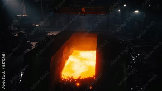 Electric arc furnace melting scrap metal with intense bright glow and molten steel