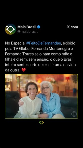 Mais Brasil - Sua fonte diária de cultura brasileira 🇧🇷 on Instagram: "No Especial #FeitoDeFernandas, exibido pela TV Globo, o Brasil assiste a algo maior do que dois nomes gigantes da TV e do cinema brasileiro: assiste a uma mãe e uma filha se reconhecendo como privilégio uma da outra. ♥️ Fernanda Montenegro agradece porque a filha existe. Fernanda Torres agradece porque teve a sorte de nascer filha dela. 🥰 Entre duas artistas que ajudaram a construir a nossa dramaturgia, o que permanece é i
