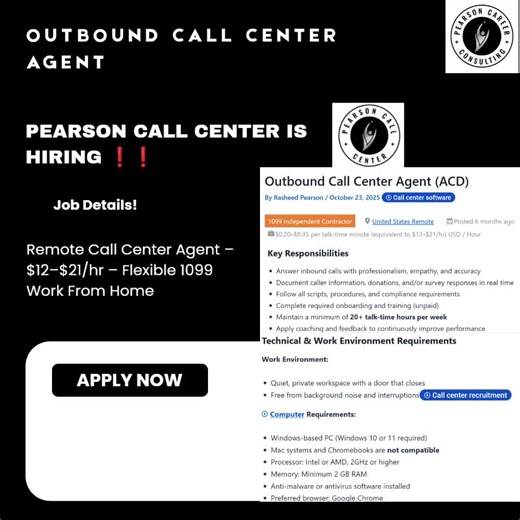 Outbound Call Center Agent (ACD) 📌 Pearson Call Center is HIRING ❗❗ 📍 Remote (USA – State Restrictions Apply) 💼 1099 Independent Contractor 💰 $0.20–$0.35 per talk-time minute (~$12–$21/hr) 📩 Apply Here: https://pearsoncallcenter.com/job/outbound-call-center-agent-acd/ Pearson Call Center is hiring Remote Outbound Call Center Agents to handle calls for nonprofits, campaigns, and public service organizations. This flexible 1099 role lets you work from home while earning based on talk-time. Ap