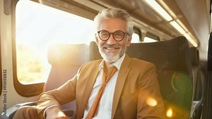 Senior businessman traveling in a first-class train compartment Close-up