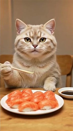 Cat Eating Salmon Sushi
