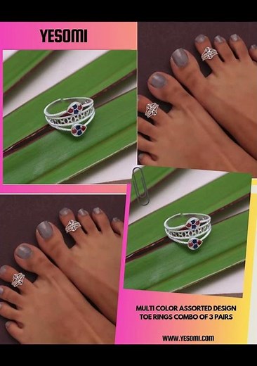 Multi Color Assorted Design Toe Rings Combo of 3 Pairs