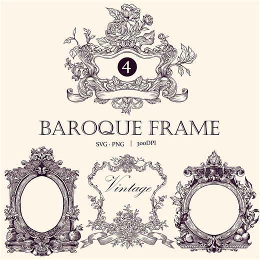 Vintage Baroque Line Art Border Frame Clipart PNG SVG Bundle Decorative Antique Style Frame for Invitation and Certificate Projects - Etsy