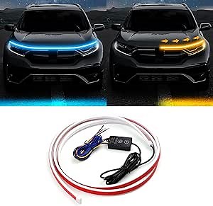 Cuttable LED Car Under Hood Light Strip Automotive Engine LED Strips Turning Light Guide Decorative Waterproof IP66 Daytime Exterior Decoration Accessories DC 15V Light Blue & Yellow 70.9in