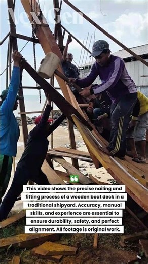 Heavy Manual Teamwork Installing Wooden Boat Structure | Traditional Shipyard Process
