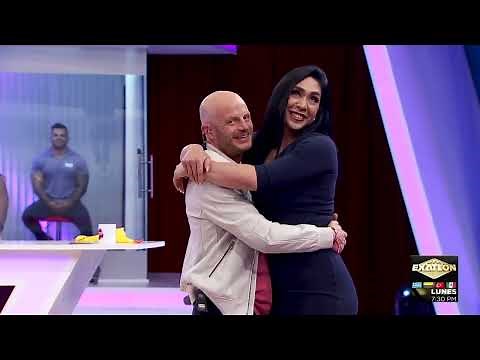 Strong young girl easily cradle old man