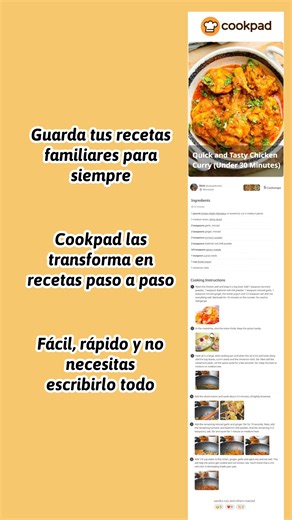 📸 Convierte tus notas de cocina en recetas completas, ¡solo con una foto!. Con la app de Cookpad, crear recetas reales es fácil — no necesitas saber redactar. 👂 Cookpad transforma tus fotos con indicaciones escritas en recetas paso a paso 🔀 Las cantidades se convierten automáticamente a medidas estadounidenses — adiós al “échale un poco de esto” 👥 Encuentra una comunidad que ama la misma cocina que tú, y comparte trucos, consejos y ese cariño por los platos que sabes que lo merecen. Cookpad 