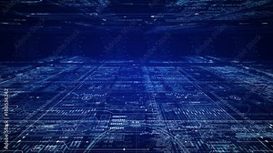 HUD technological intro.Flying through digital HUD sci fi cyber space.Techno background.Blue futuristic interface with running code text.Good for tech titles and background, news headline.