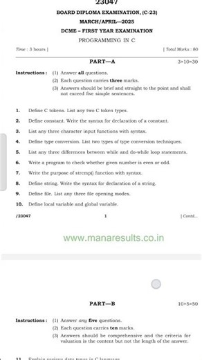 Programming in c Diploma previous question paper