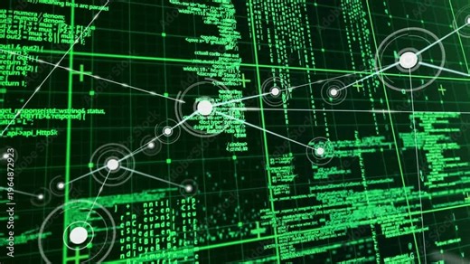 Central node pulsing and spawning links, network growing across green code grid for tech monitoring