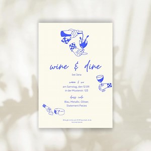 Wine & Dine Menu Card - A5 Printable Template - Dinner Party Menu Card Blue Beige