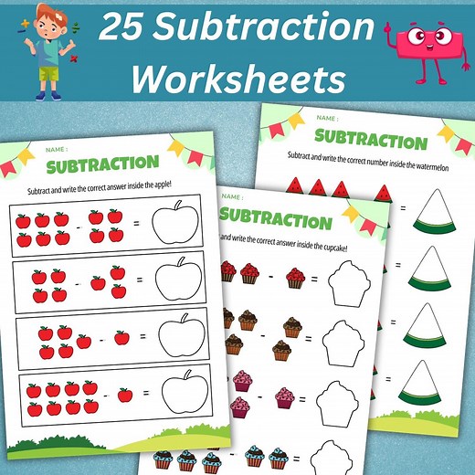 25 Subtraction Worksheets for Kids | Kindergarten Math Worksheets | Preschool Maths Workbook | First Grade Maths | Homeschool Activity Pages - Etsy