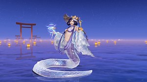 She sluggishly stretches by the rocky shore, waving her hand to create foamy bubbles and rolling up her sleeves to create refreshing waves. Clear skies, white clouds, an open sea speckled with ships' sails, nothing in the world can possibly beat this peaceful moment. After the update on August 11, Kiyohime's brand-new Summer Wind Series Skins "Shimmering Sunset" will become available! #OnmyojiArena | OnmyojiArena