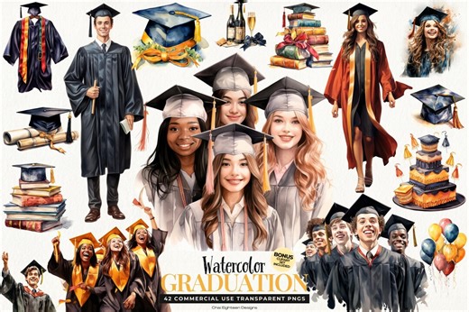 Graduation Clipart: 42 Watercolor Student Grad Designs, Digital Download - Etsy Canada