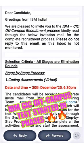 🔥 IBM CIC Off-Campus Assessment Mail Out 2025 🔥✅ Big update for aspirants 🚀 If you’ve received the mail, comment “YES” below ✅ IBM Client Innovation Center (IBM CIC) has started sending Off-Campus Assessment mails for 2025 📩 👉 Check your registered email (Inbox Spam) 👉 Read the instructions carefully 👉 Prepare well for the assessment Save this post 📌 and share it with friends preparing for IBM CIC 💯 #IBMCIC #OffCampusDrive #AssessmentMail #IBMHiring #FreshersJobs ITCareers PlacementUpda