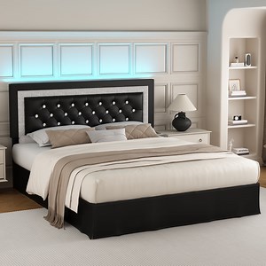 SIBEDS Bed Frame with Adjustable Headboard and Diamond Button PU Black Upholstered Tufted Beds, Queen