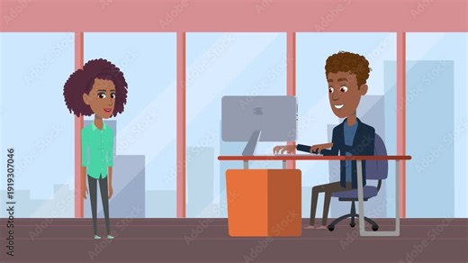 Job interview animation between recruiter and candidate in office, hiring and recruitment employment concept, corporate workplace, 2D cartoon