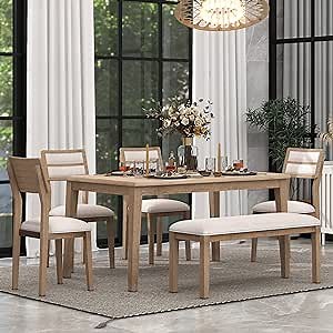 Harper & Bright Designs Kitchen Dining Table Set for 6, Classic and Traditional Style 6 - Piece Dining Set, Includes Dining Table, 4 Upholstered Chairs & Bench (Natural Wood Wash)