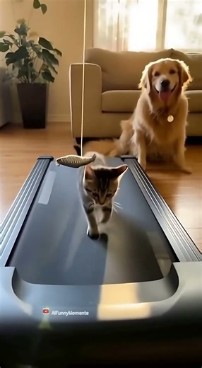 Kitten Works Out on Treadmill While Dog Watches! 🐱🐾🐶 | Adorable Pet Moment 🩵✨
