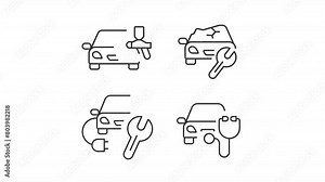Car repair line animation library. Animated vehicles icons. Auto body paint. Collision repair. Car diagnostics. Black illustrations on white background. HD video with alpha channel. Motion graphic