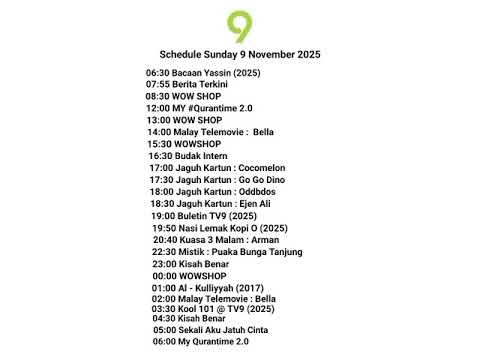 TV9 Schedule Sunday 9 November 2025
