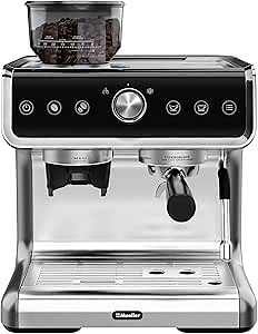 Mueller Austria Premium Espresso Machine Coffee Maker with Milk Frother, Grinder, 15 Bar, Stainless Steel, Standard and Bottomless Portafilter, Multiple Filters, Temp Control, Silver
