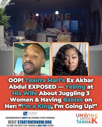 (Repost) #RedWineNews 🍷 (#AD) — Whew chile, the audacity! A leaked video shows Teairra Mari’s ex, Akbar Abdul, going off on his wife — yelling about why he’s sleeping with three other women and fathering kids outside their marriage. 👀 In the clip, he tries to justify it, saying “I’m a king, I’m going up in life” while his wife claps back, accusing him of stepping out and having three babies on her. Sis in the background even doubled down, saying as long as he pays the bills and doesn’t bring o