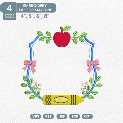 Back to School Frame Crest Embroidery Design, Teacher Crest Machine Embroidery File, Apple Crayon Monogram Banner, School Frame Pes File - Etsy