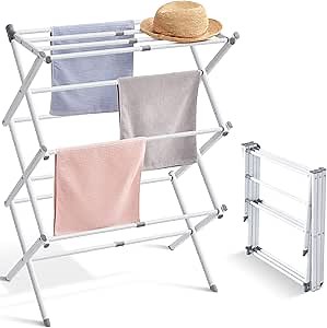 TOOLF Expandable Clothes Drying Rack, Foldable Laundry Drying Rack, 3-Tier Collapsible Clothing Dryer, Adjustable Towel Rack for Air Drying Clothing, Bed Linen, Clothing, Socks, Scarves, White