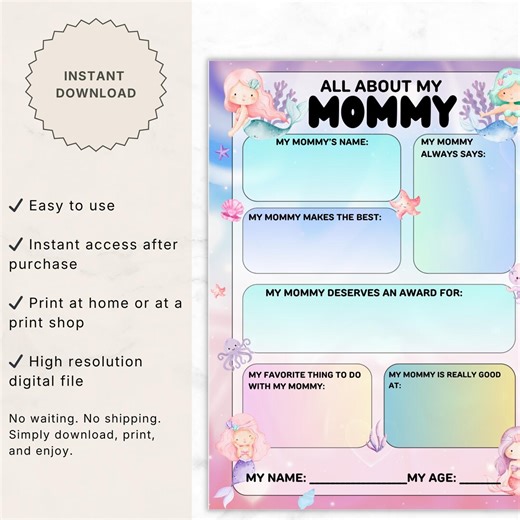 All About My Mommy Mermaid Printable, Mother’s Day Kids Activity, Fun Fillable Worksheet for Mom, Instant PDF Download - Etsy UK