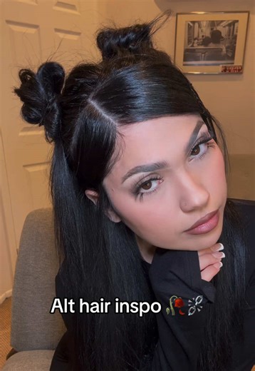 Teased half up space buns with Bobby-pin bangs ⛓️‍💥🥀 #hairinspo #altgirl #darkfeminine #latina #hairtutorial