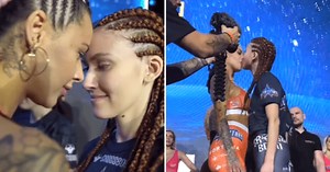Karina Pedro and Denisa Ryndova draw gasps as they KISS before 'Clash of the Stars' MMA bout