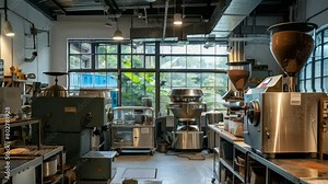 Detailed 3D animation of a gourmet coffee roastery interior, showcasing the art of coffee roasting and cafe culture
